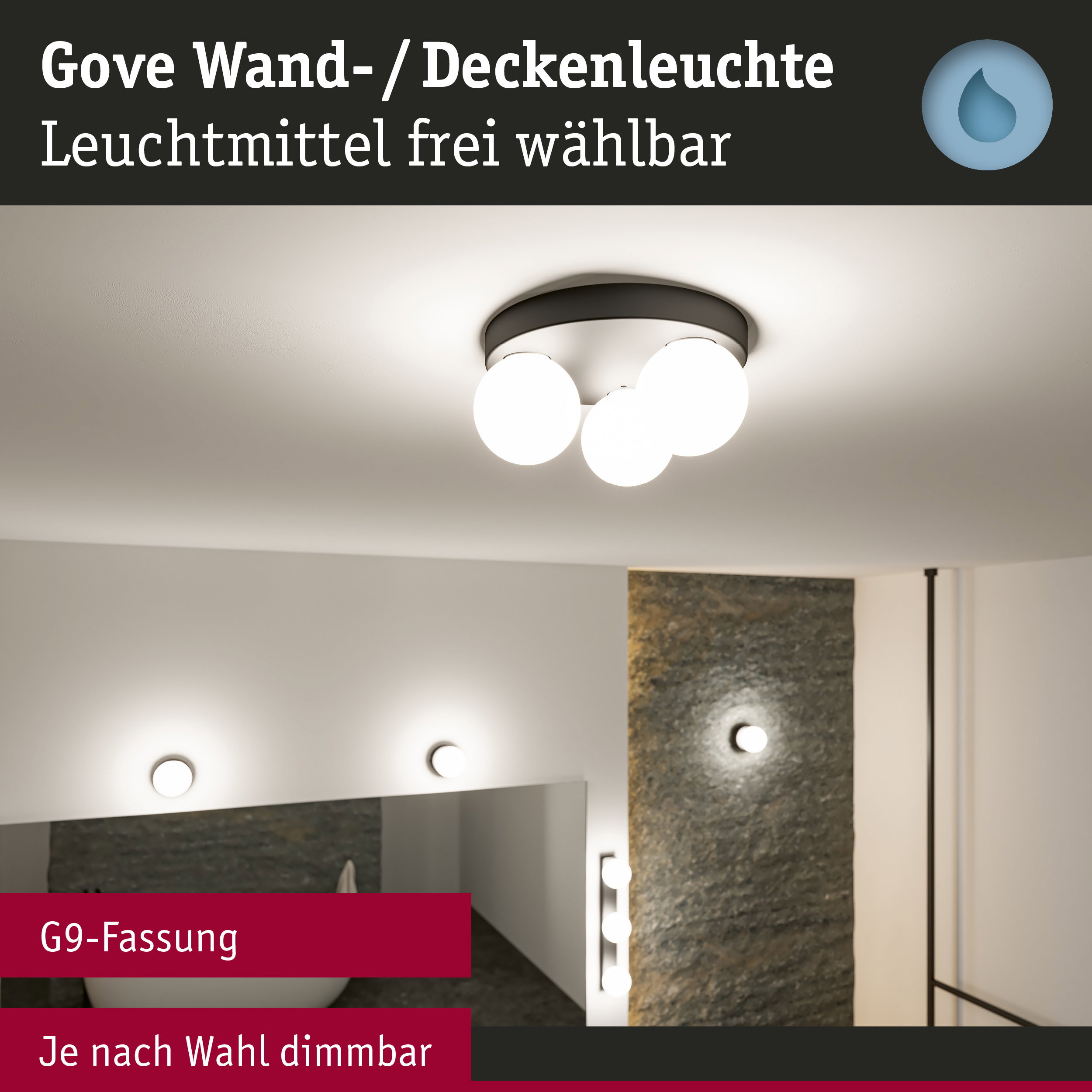 Gove Deckenleuchte mit drei weißen Glaskugeln und schwarzem Metallrahmen, dimmbar mit G9-Fassung