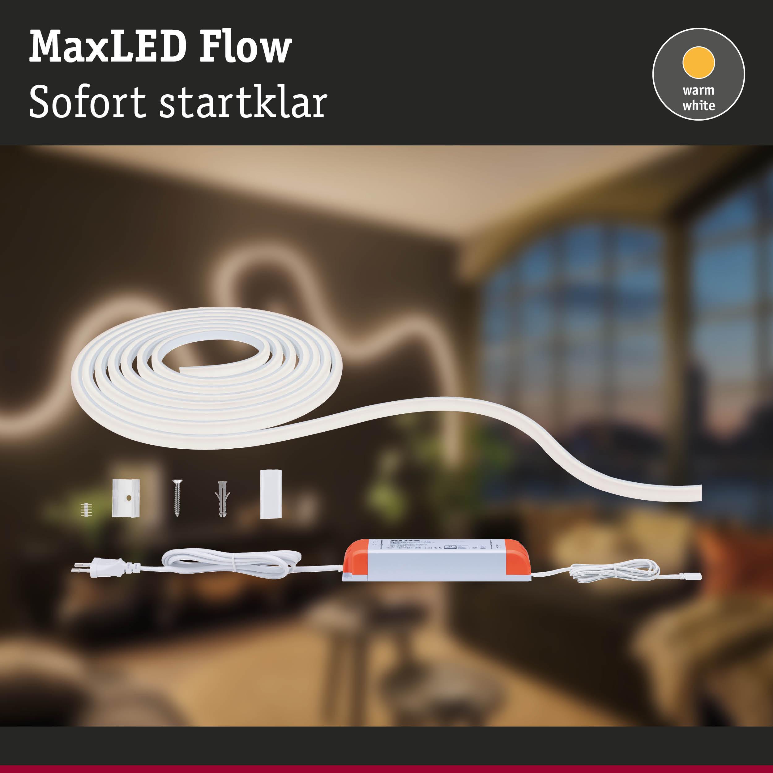 MaxLED Flow LED-Lichtband in Weiß mit warmweißem Licht und Zubehör für einfache Montage