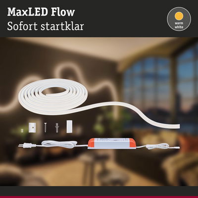 MaxLED Flow LED-Lichtband in Weiß mit warmweißem Licht und Zubehör für einfache Montage
