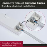 Innovative recessed luminaire Aumus with tool-free electrical connection and grey cable wiring