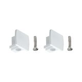 Two white plastic end caps with screws for LED profile mounting, LED lighting accessory