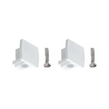 Two white plastic end caps with screws for LED profile mounting, LED lighting accessory