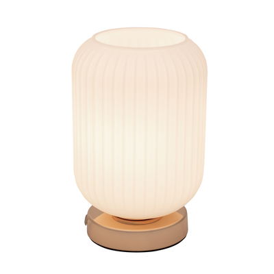 Bordlampe med ribbet hvidt glas og guldfarvet metalfod til stemningsbelysning