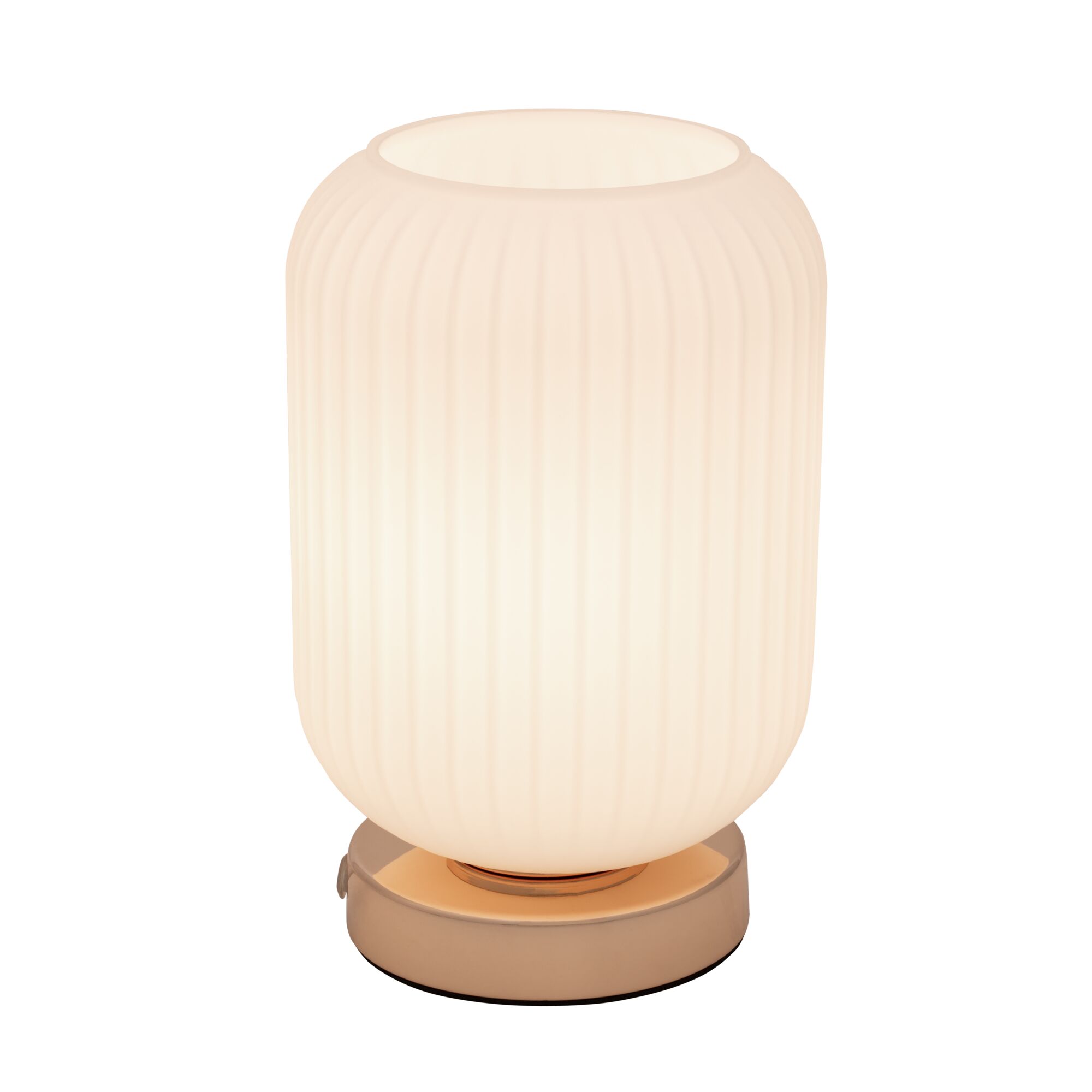 Round table lamp with ribbed white glass and gold metal base for elegant home lighting