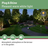 Garden path with warm white plug & shine light posts creating atmospheric outdoor lighting