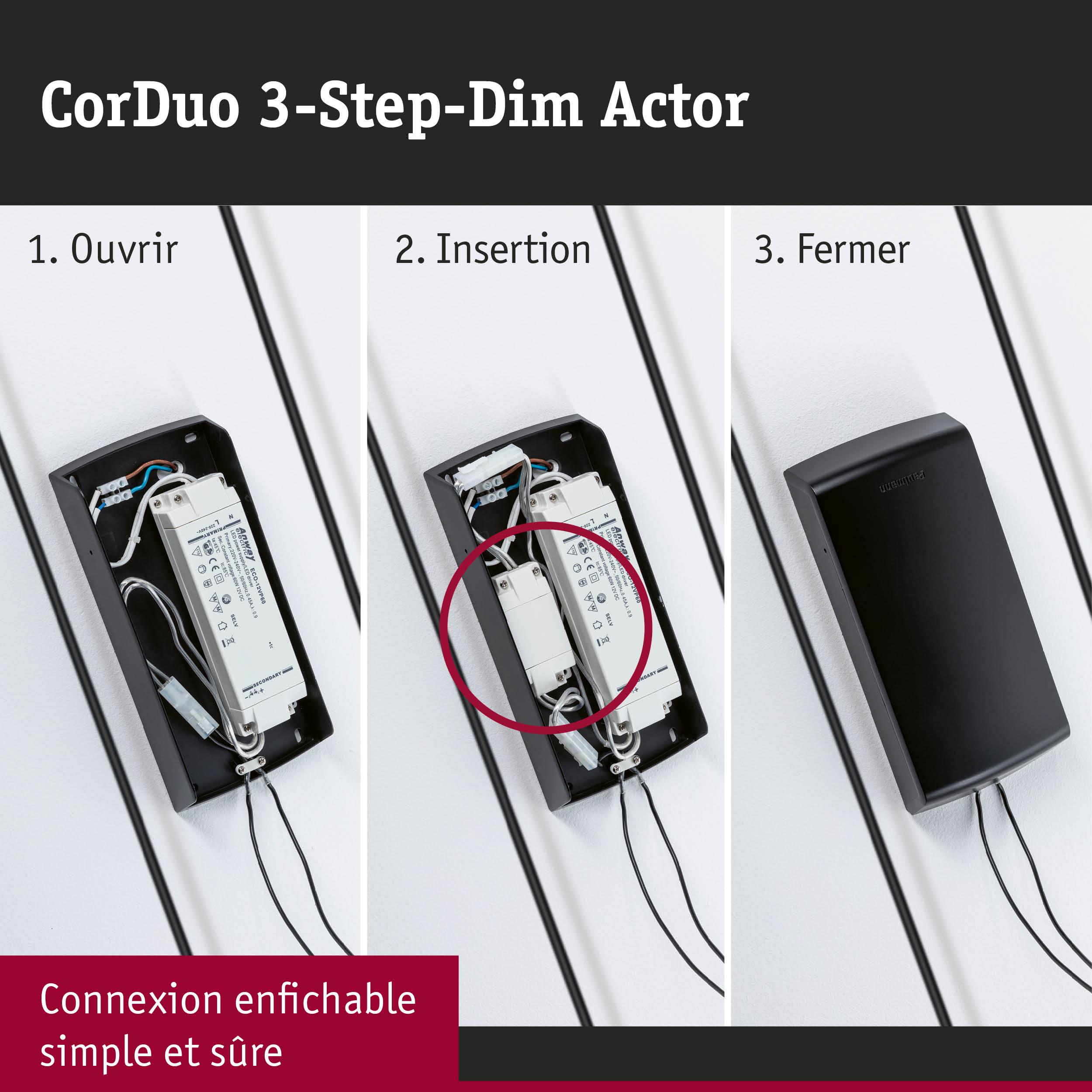 Installation étape par étape du CorDuo 3-Step-Dim Actor noir avec connexion enfichable simple