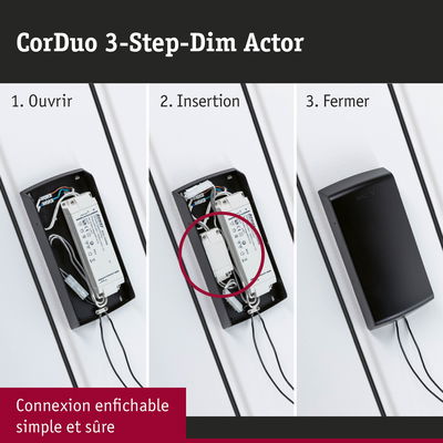 Installation étape par étape du CorDuo 3-Step-Dim Actor noir avec connexion enfichable simple