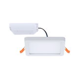 Rechteckiger weißer LED-Einbaustrahler mit Kunststoffrahmen und Anschlussbox für energiesparende Beleuchtung.