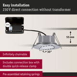 Grey LED recessed spotlight 55 mm depth, 30° tilt, with connection box and quick-release clamp for easy installation