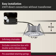 Grey recessed spotlight with 55 mm depth and 30° tilt, includes 230V connection box without transformer