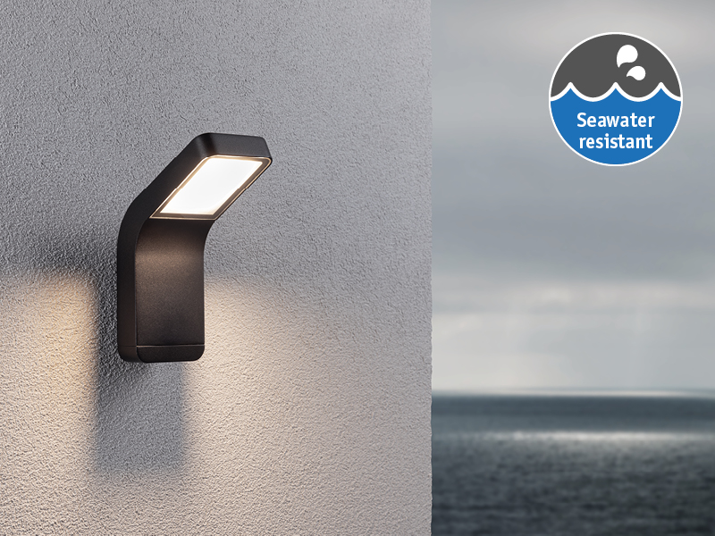 Applique murale LED noire en métal avec lumière blanc chaud, résistante à l'eau de mer pour extérieur côtier