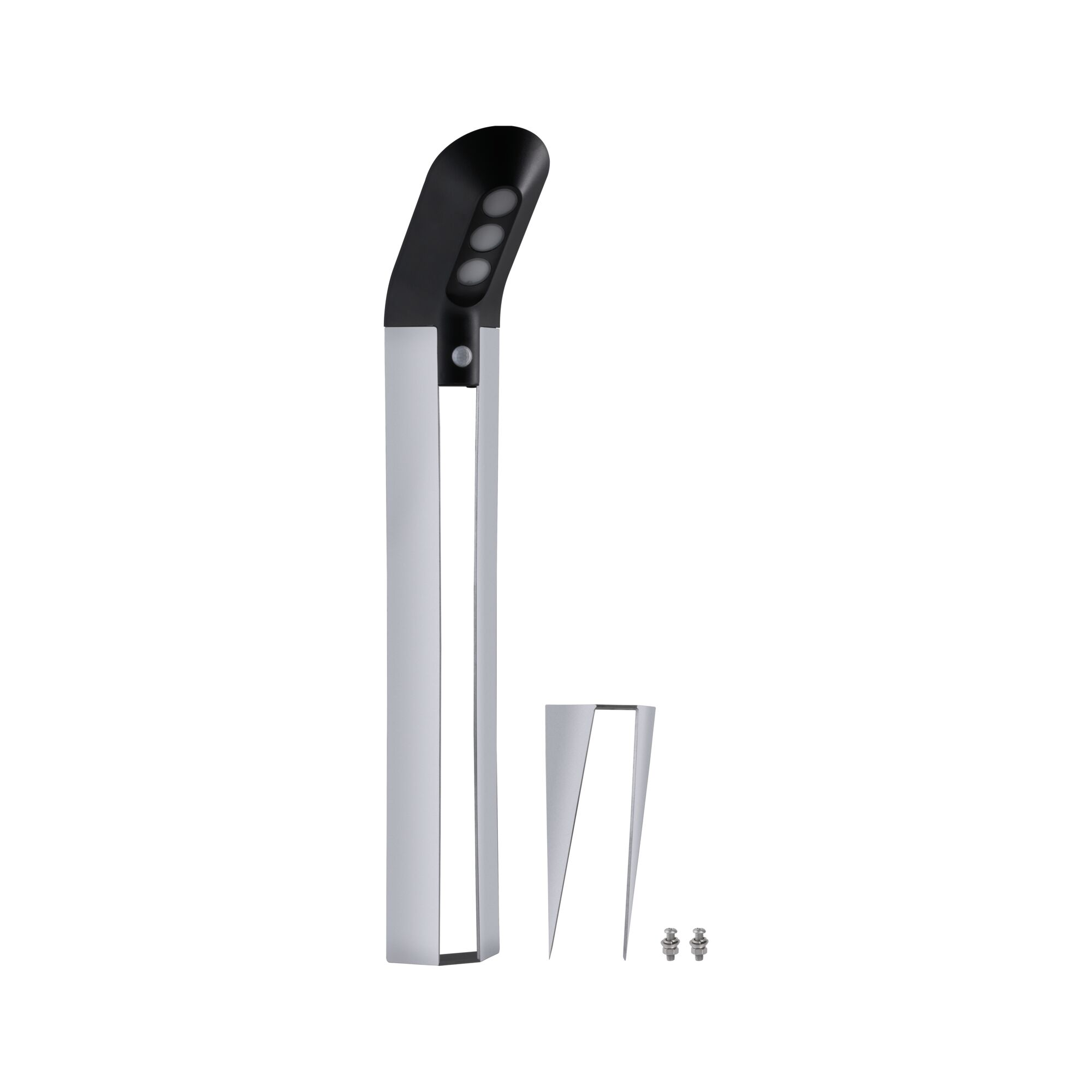 Modern silver LED outdoor light with black head and metal ground spike for garden lighting