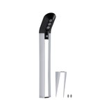 Modern silver LED outdoor light with black head and metal ground spike for garden lighting