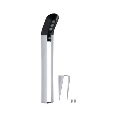 Modern silver LED outdoor light with black head and metal ground spike for garden lighting