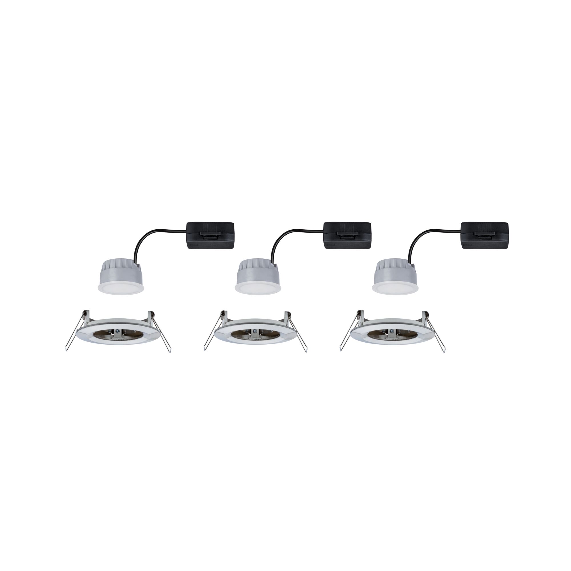 Drie witte LED-inbouwspots met zwarte kabel en metalen bevestigingsbeugels voor plafondmontage