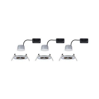 Three white LED recessed spotlights with black cable and metal mounting brackets for ceiling installation