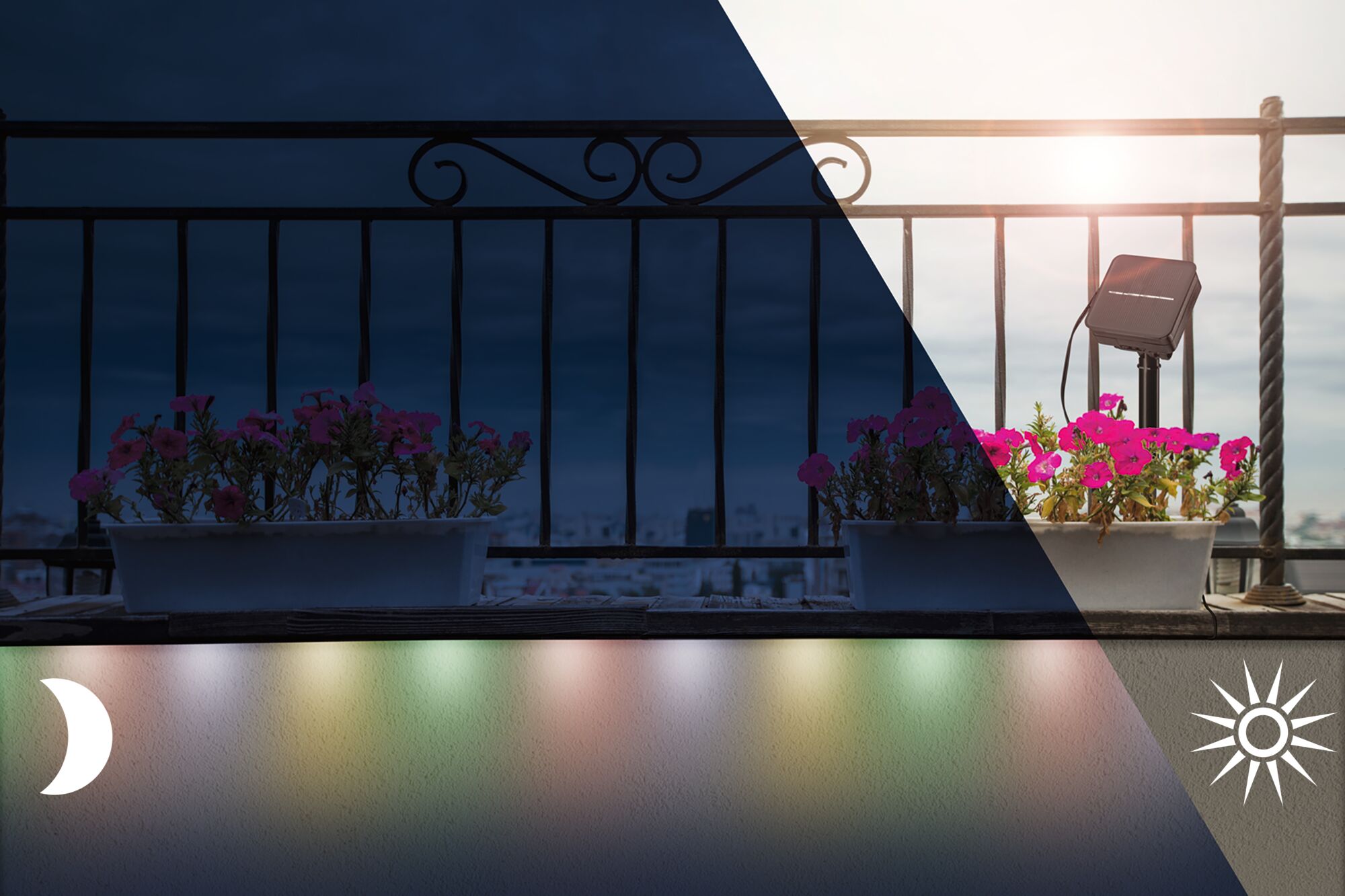 Black solar outdoor light on balcony with pink flowers, energy-saving garden lighting for outdoor use