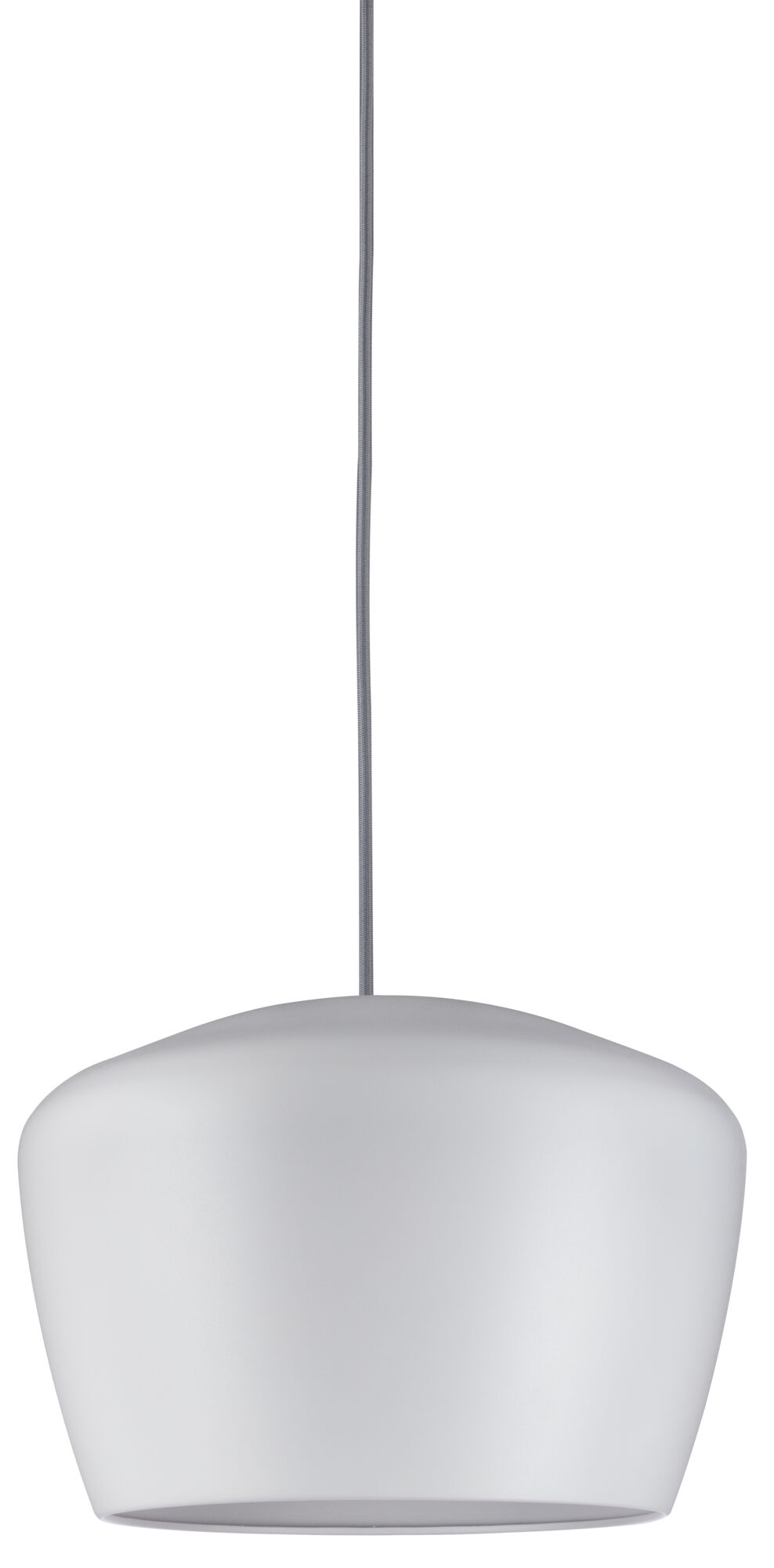 Modern white glass pendant lamp with grey fabric cable for stylish room lighting
