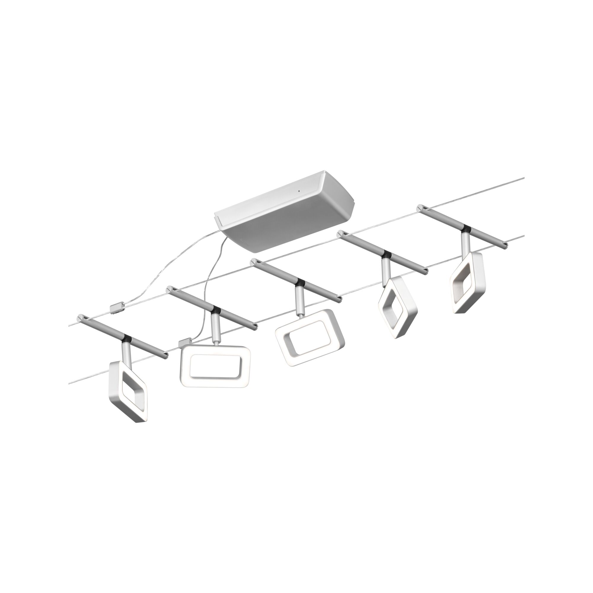 Système LED sur câble moderne avec cinq lampes rectangulaires blanches en métal pour éclairage flexible