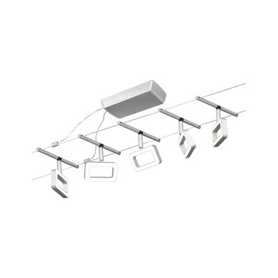 Système LED sur câble moderne avec cinq lampes rectangulaires blanches en métal pour éclairage flexible