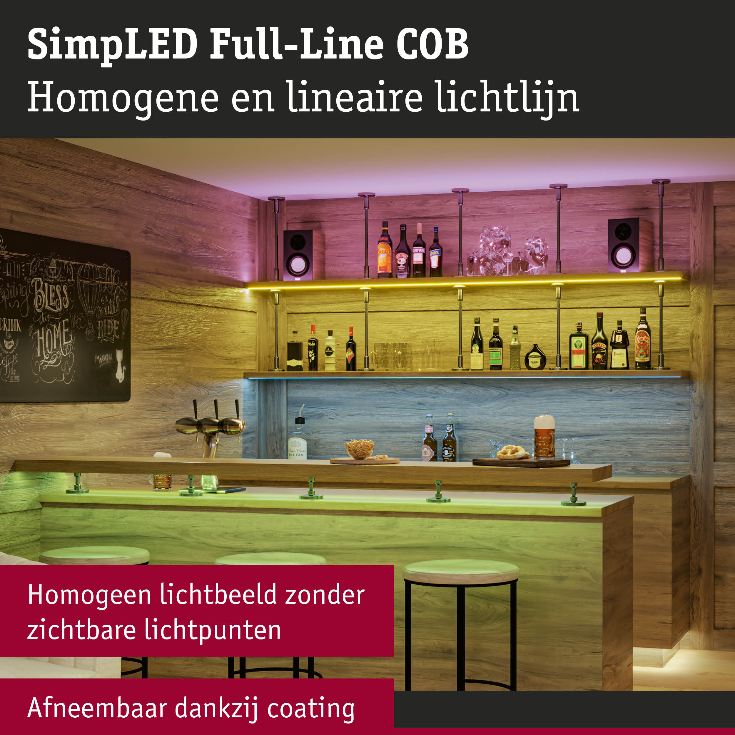 Moderne bar met houten bekleding en gekleurde LED-verlichting voor sfeervolle ambiance