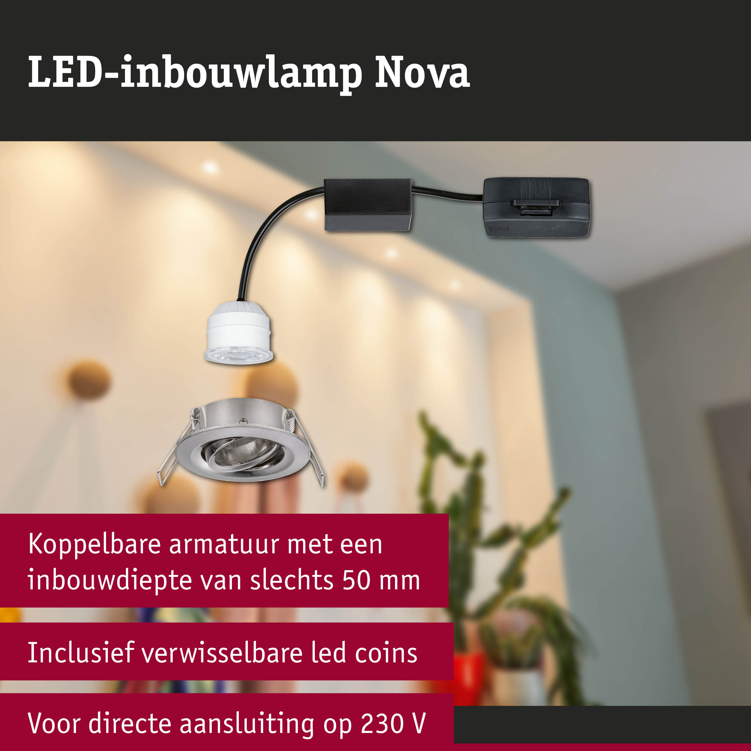 LED-inbouwlamp Nova van zilverkleurig metaal met verwisselbare LED-coins voor 230V aansluiting