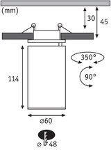 Technische tekening van verstelbare inbouwspot met 60 mm diameter en 114 mm hoogte.