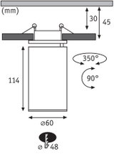 Technische Zeichnung eines einstellbaren Deckeneinbaustrahler mit 60 mm Durchmesser und 114 mm Höhe.