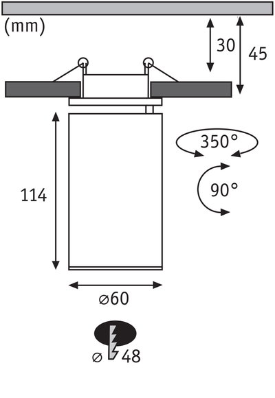 Technische Zeichnung eines einstellbaren Deckeneinbaustrahler mit 60 mm Durchmesser und 114 mm Höhe.