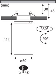 Technische Zeichnung eines Einbaustrahler mit 114 mm Höhe und 60 mm Durchmesser, drehbar um 350 Grad