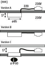 Technical drawing of three versions of an LED recessed light with dimensions and power cable.