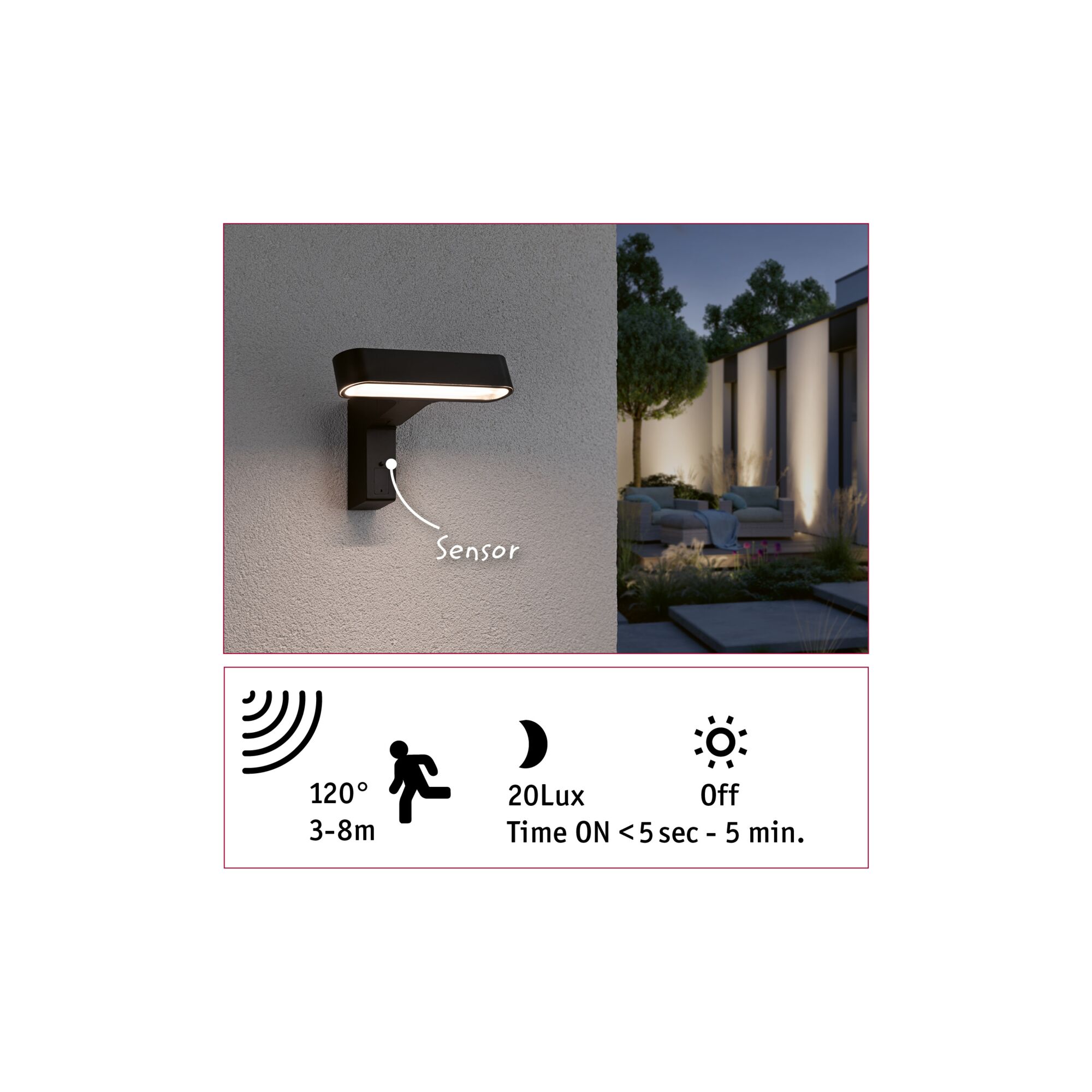 Applique murale extérieure LED noire avec détecteur de mouvement sur mur gris éclairant la terrasse au crépuscule