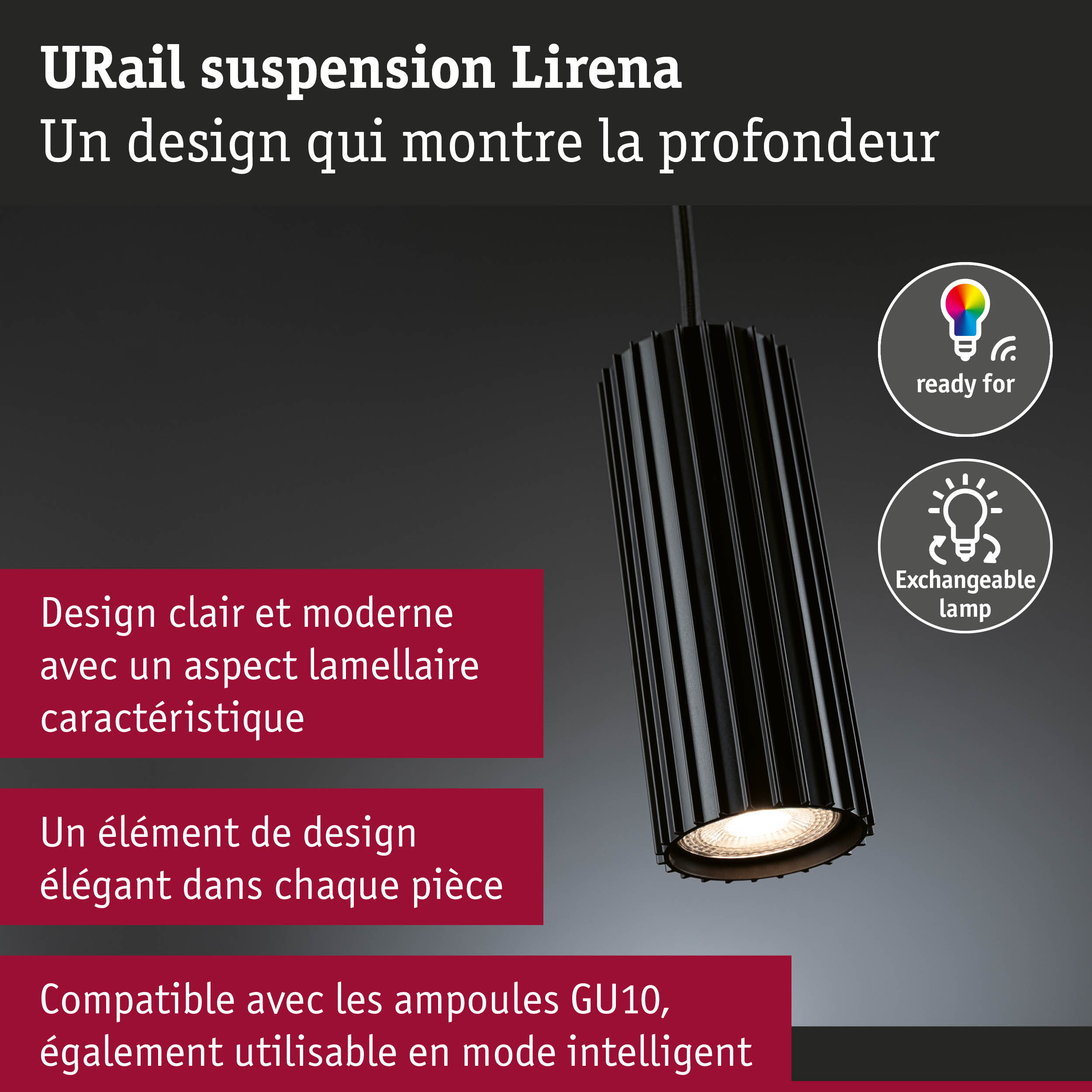 Suspension URail Lirena noire à design lamellaire avec lampe GU10 interchangeable et compatible maison connectée