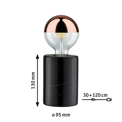 Modern table lamp with black marble base and half copper LED bulb, decorative lighting