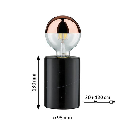 Modern table lamp with black marble base and half copper LED bulb, decorative lighting