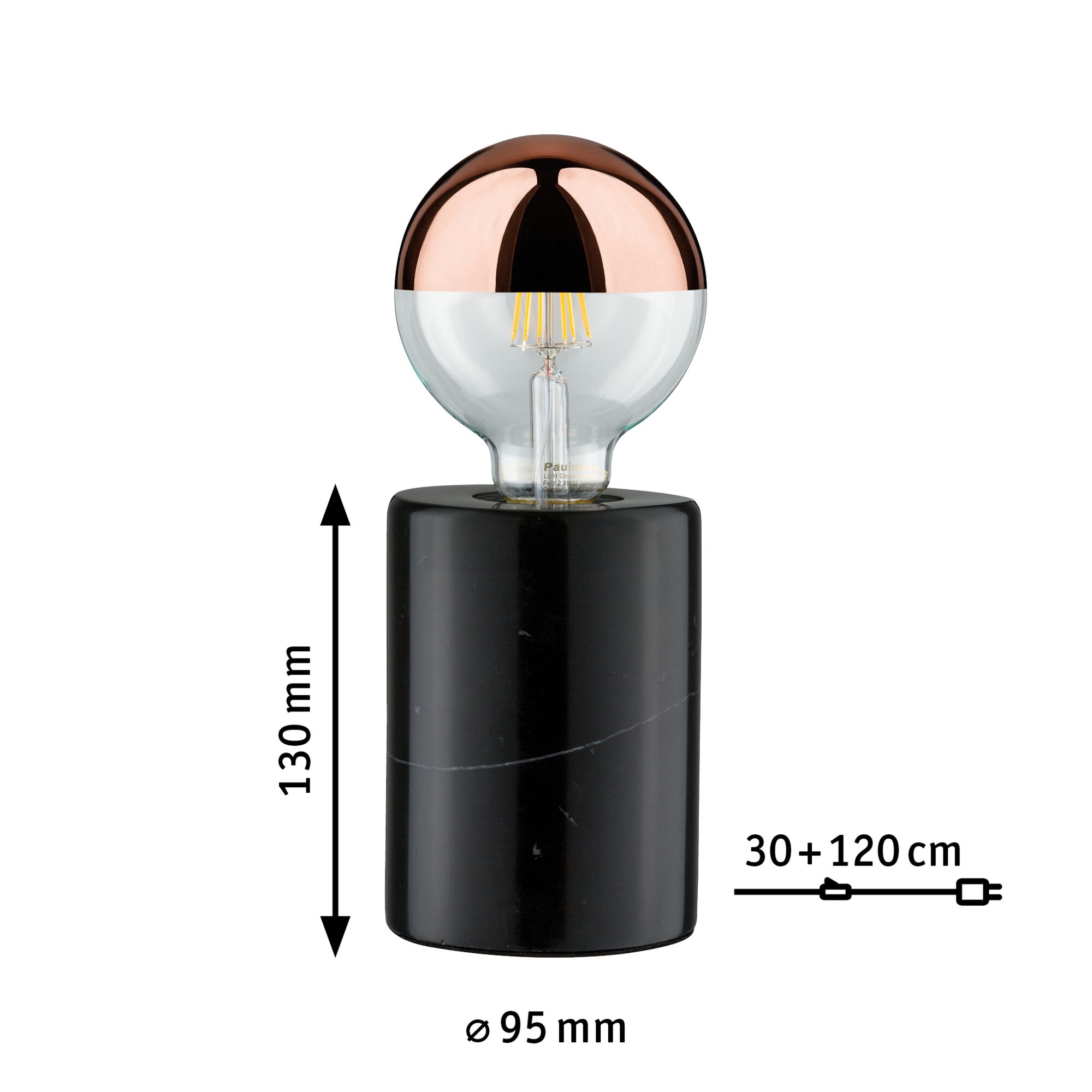 Moderne Tischlampe mit schwarzem Marmorsockel und halbkupferner Glühbirne, LED Beleuchtung