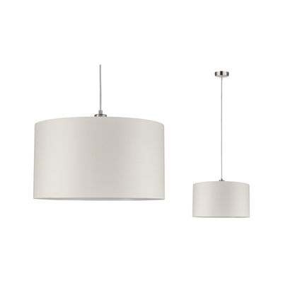 Pendant lamp with white fabric shade and metal mount, modern hanging light for living spaces