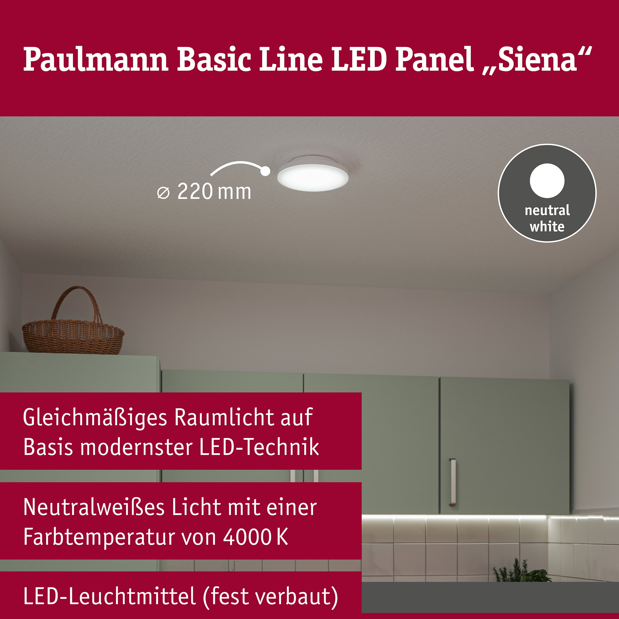 LED Deckenleuchte Siena 4000K 220mm 1100lm 230V 12,3W