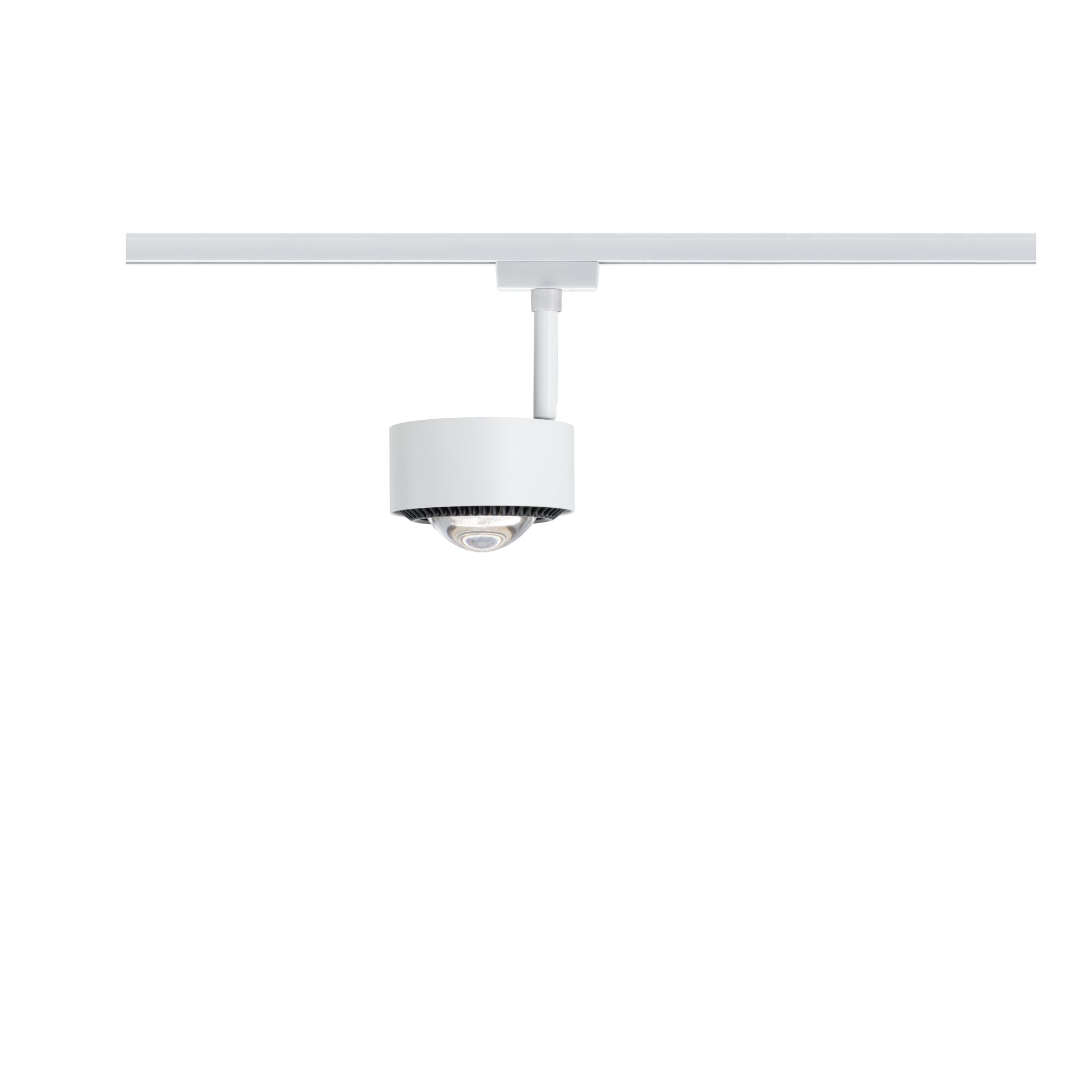 Weißer LED-Spot aus Metall an Schienensystem für flexible Beleuchtung im Innenraum