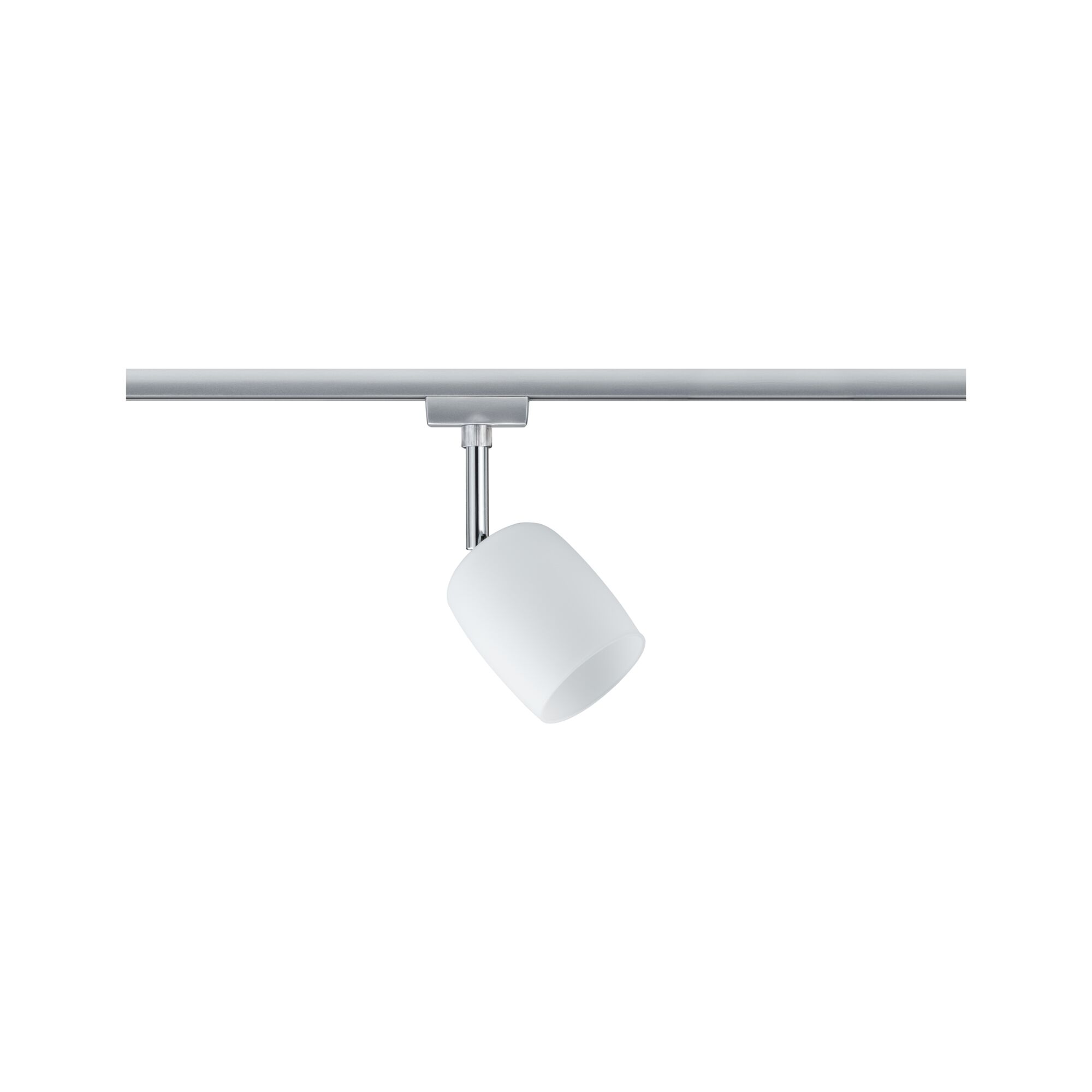 Modern white metal LED spotlight on silver track for flexible room lighting solutions