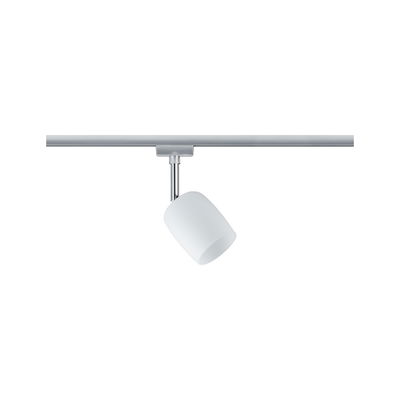 Modern white metal LED spotlight on silver track for flexible room lighting solutions