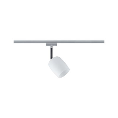 Modern white metal LED spotlight on silver track for flexible room lighting solutions