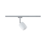 Moderner weißer LED-Strahler aus Metall an silberner Schiene für flexible Raumbeleuchtung