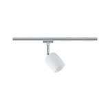Modern white metal LED spotlight on silver track for flexible room lighting solutions