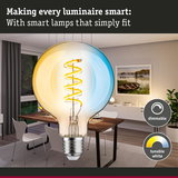Smart dimmable LED lamp with tunable white light shown in a modern dining room setting
