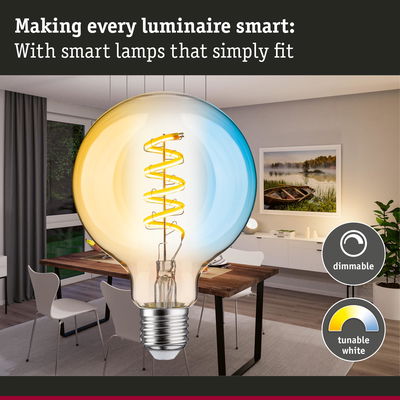 Smart dimmable LED lamp with tunable white light shown in a modern dining room setting