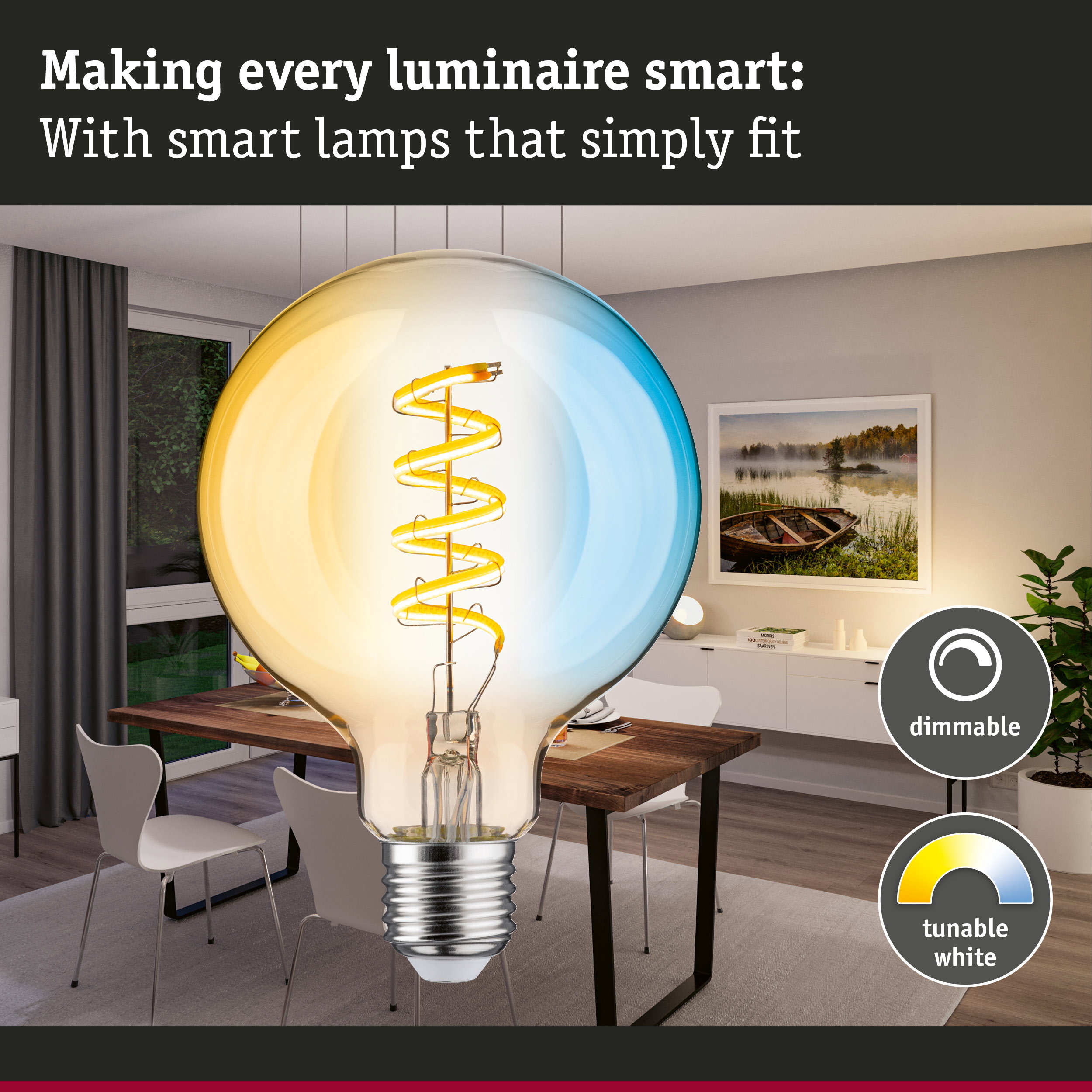 Large light bulb with spiral lamp in modern dining room, dimmable and tunable white LED lighting