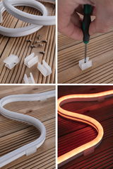 Weißes flexibles LED-Neonlicht mit Montageclips und Schrauben auf Holz, warmweißes Licht leuchtend