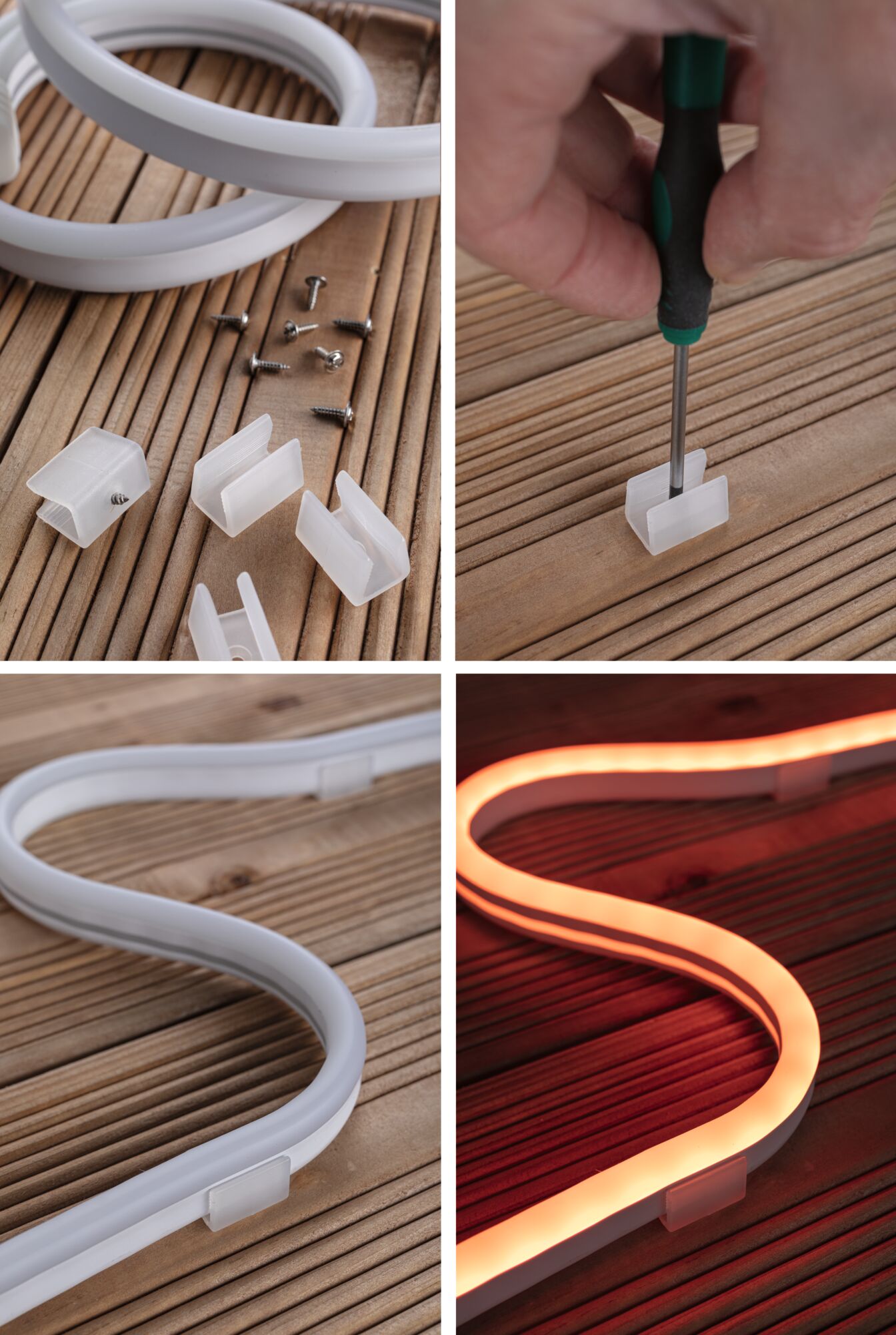 Bande LED néon flexible blanche avec clips de montage et vis sur surface en bois, lumière blanc chaud
