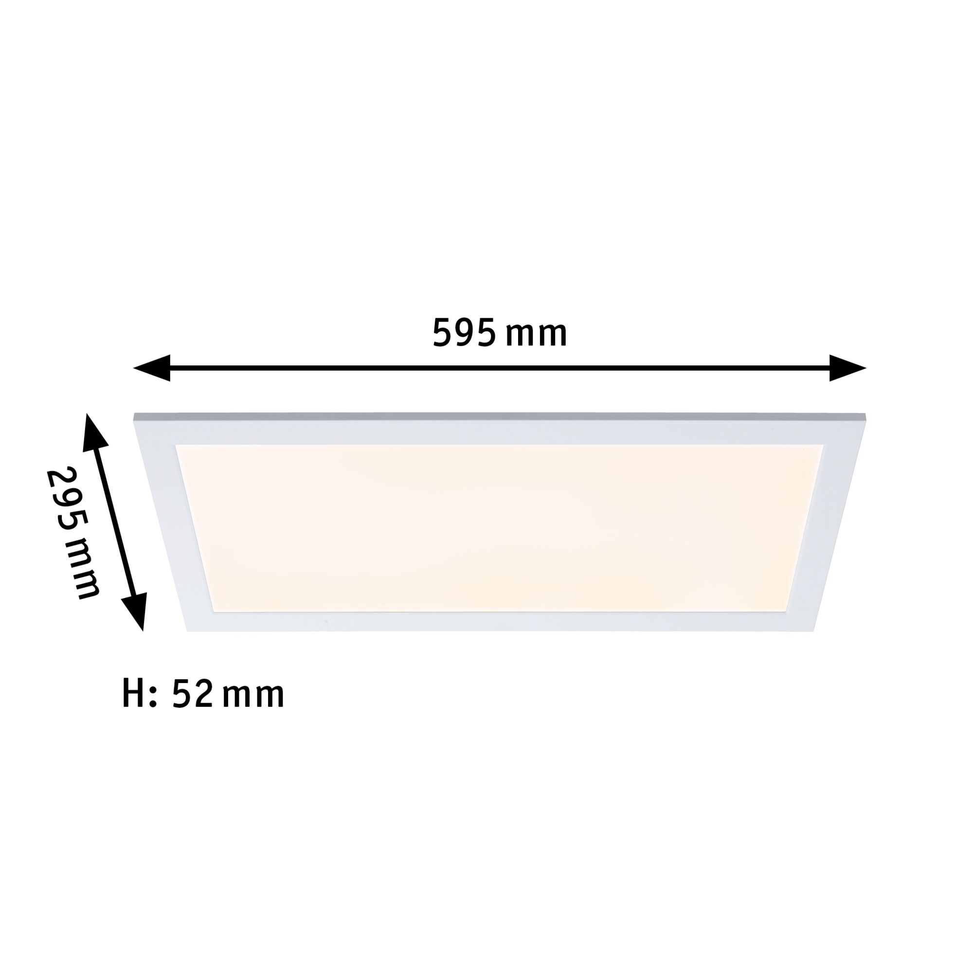 Rectangular white LED ceiling light measuring 595x295x52 mm for modern room lighting